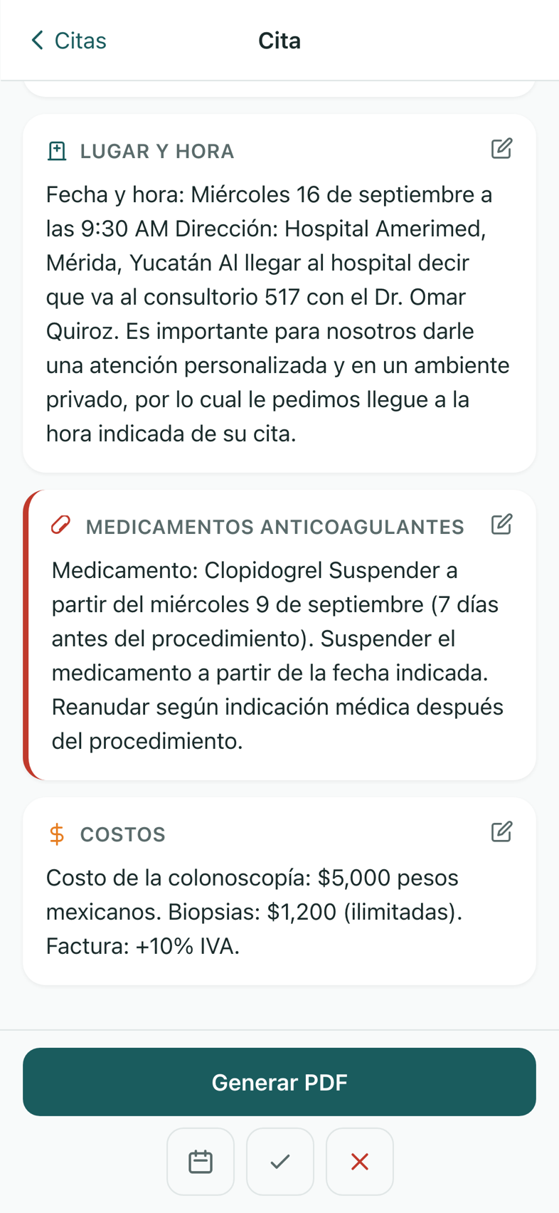Detalle de una colonoscopia en PrepSync: lugar y hora, e indicación para suspender clopidogrel siete días antes.