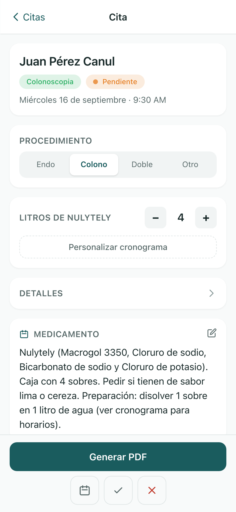 Detalle de una cita de colonoscopia en PrepSync con litros de preparación y el botón Generar PDF.