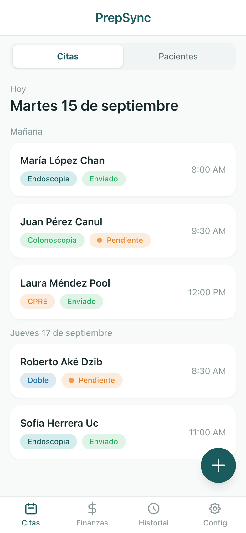 Pantalla de citas de PrepSync con procedimientos de hoy y mañana y su estado: enviado o pendiente.