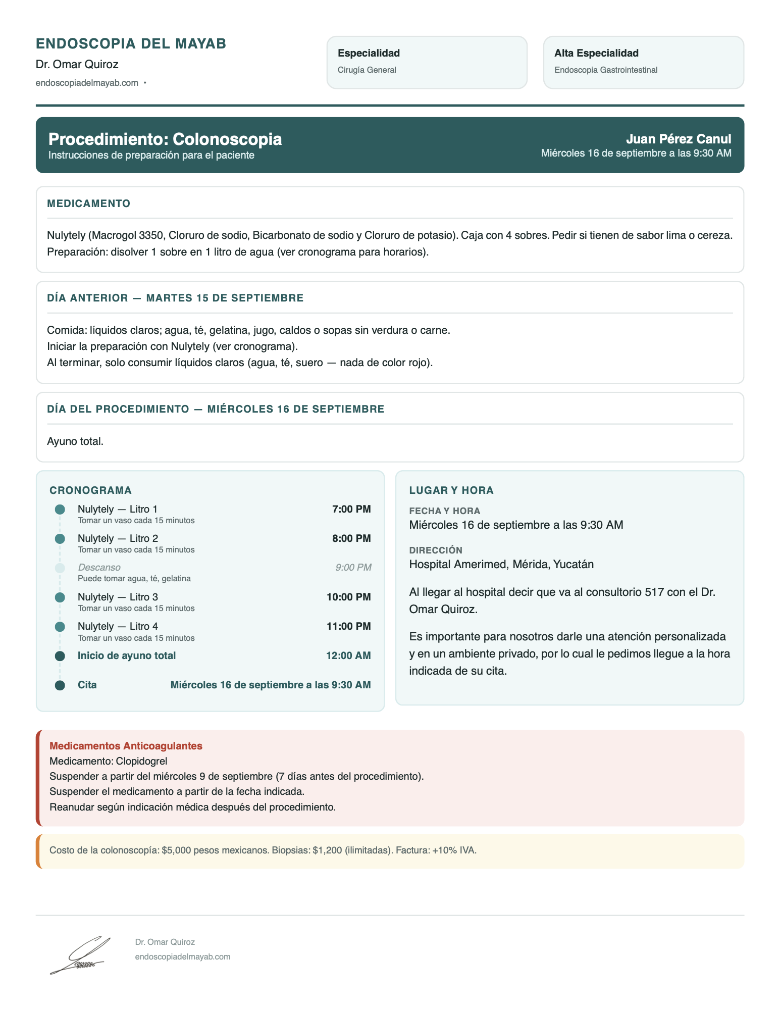 Hoja de preparación para colonoscopia generada por PrepSync: medicamento, día anterior, día del procedimiento, cronograma, lugar y hora, y suspensión de clopidogrel.